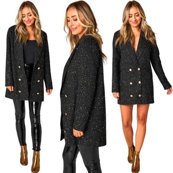 NWT Black Metallic Tweed Double Breasted Winter Blazer Jacket Coat - Picture 8 of 8